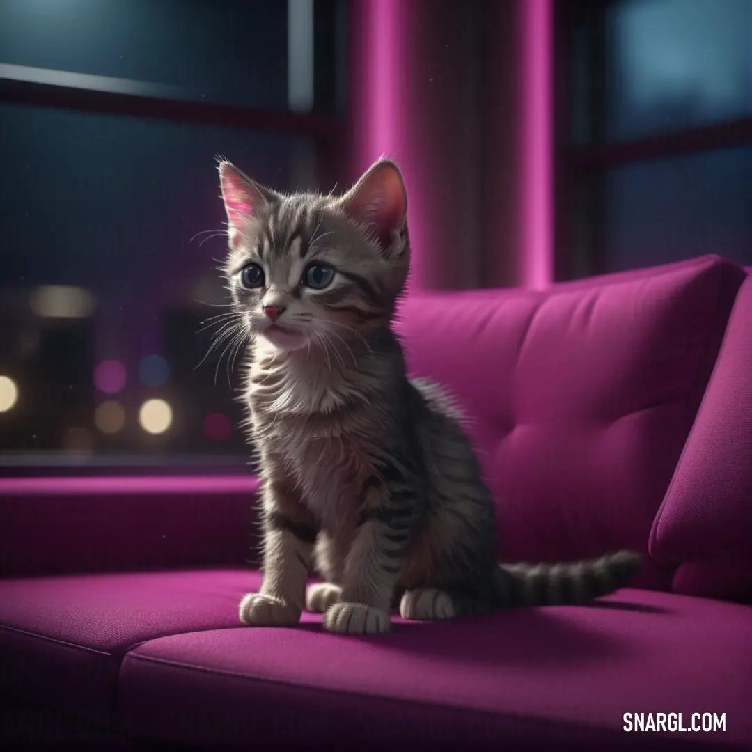 Kitten on a pink couch in a room with a window and a city view at night time