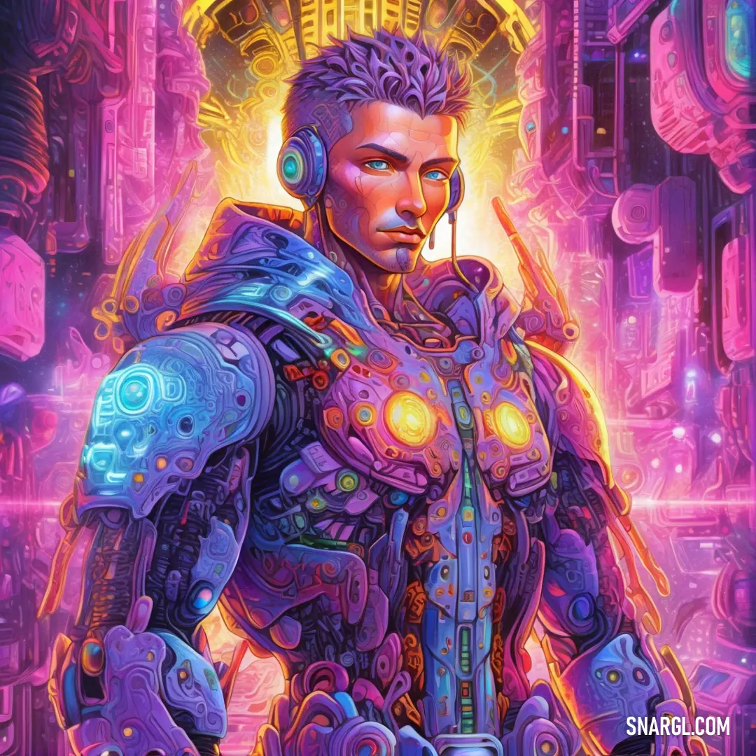 Man in a futuristic suit with headphones on and a futuristic background with a neon light