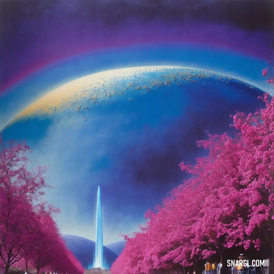 Painting of a rainbow over a city street with a fountain in the middle of the picture and people standing on the sidewalk