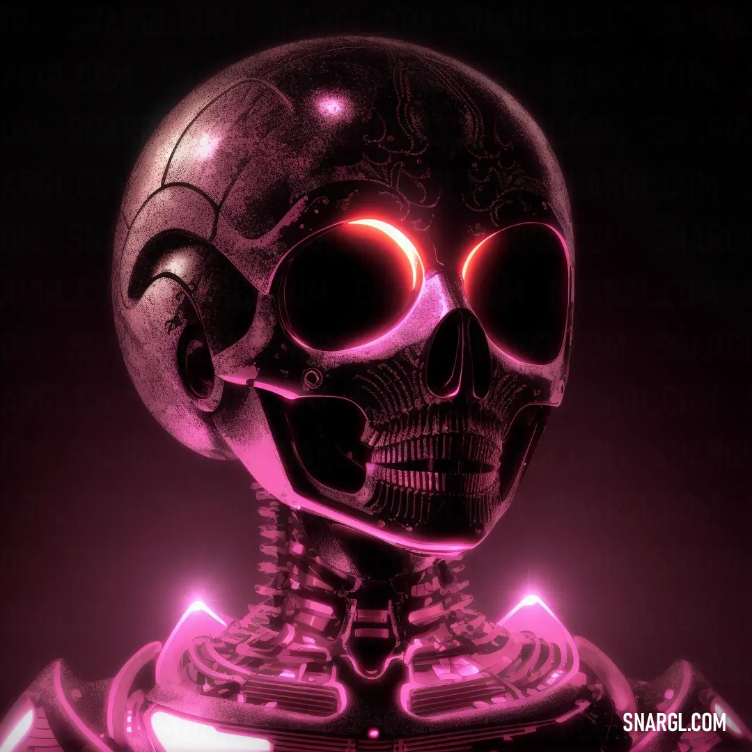 Skeleton with glowing eyes and a skull like head is shown in a purple light with a black background