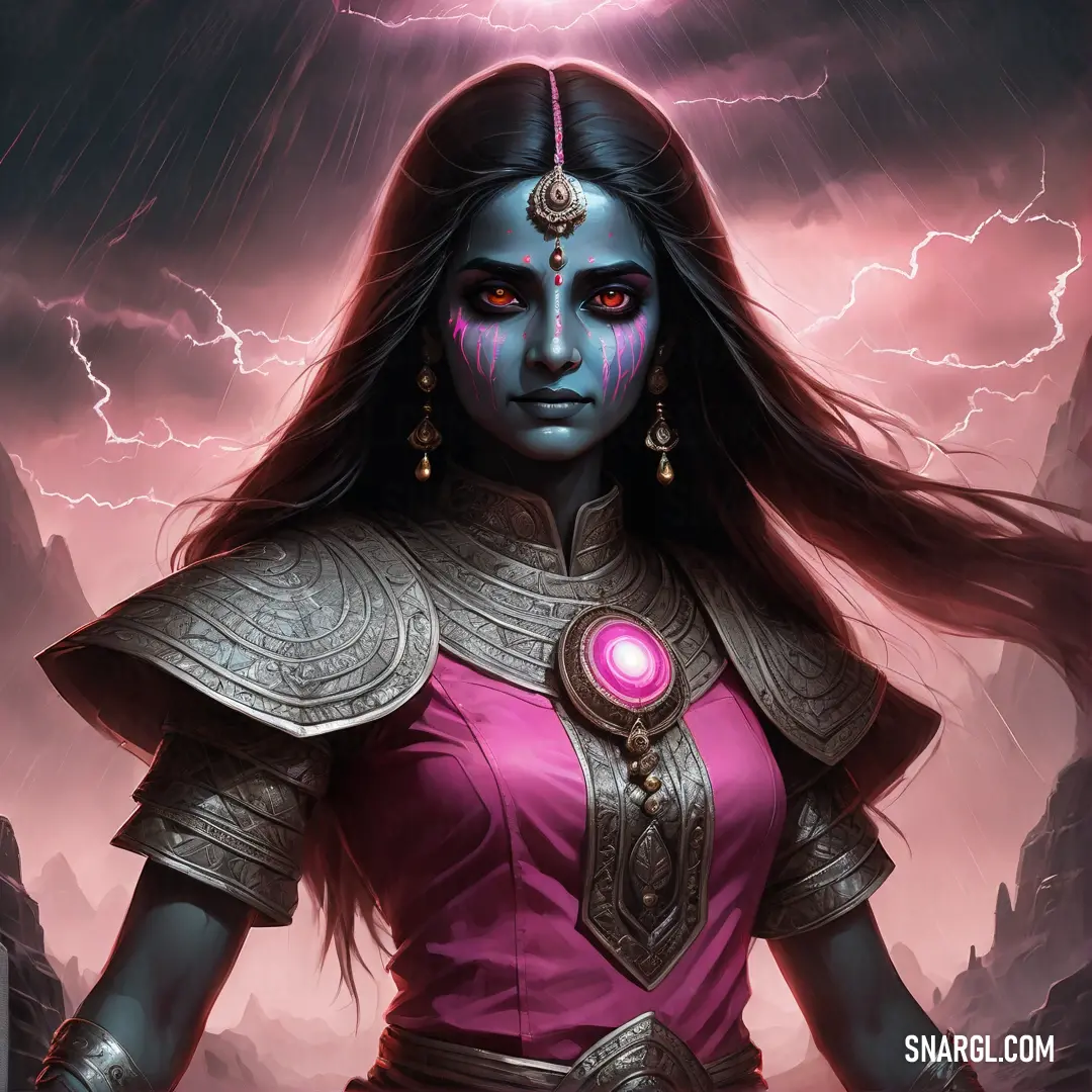 Woman with a purple outfit and a lightning background