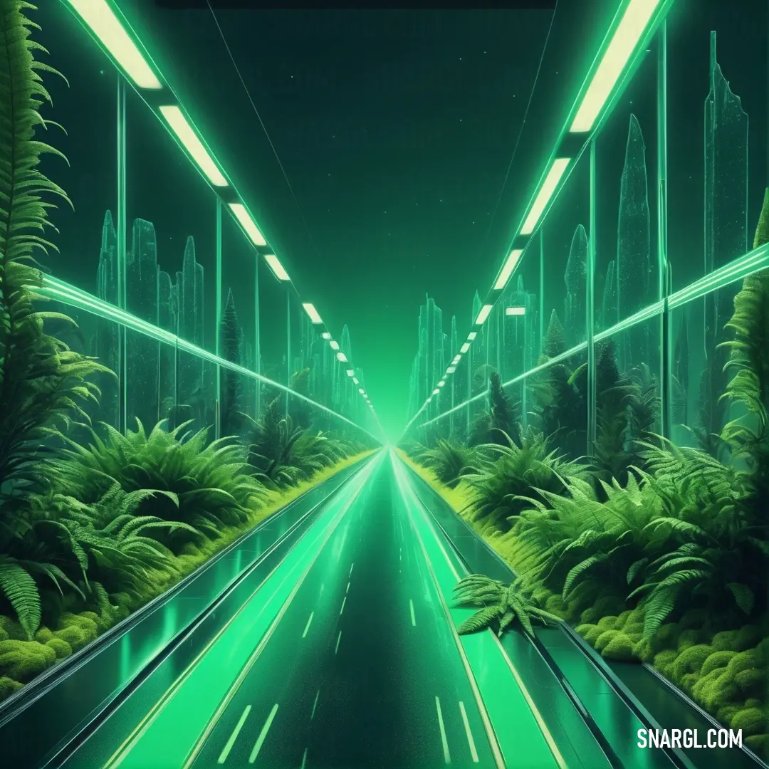 Futuristic city with a green light at the end of the tunnel and trees on both sides of the tunnel. Example of PANTONE 2250 color.