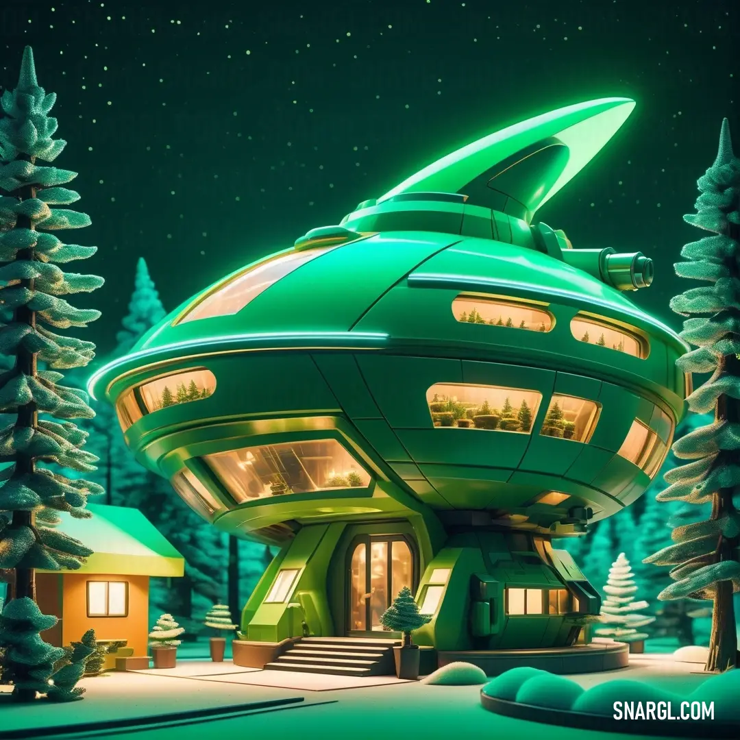 Green house with a large green alien like roof and a staircase leading to it in the snow covered forest. Color RGB 33,161,109.