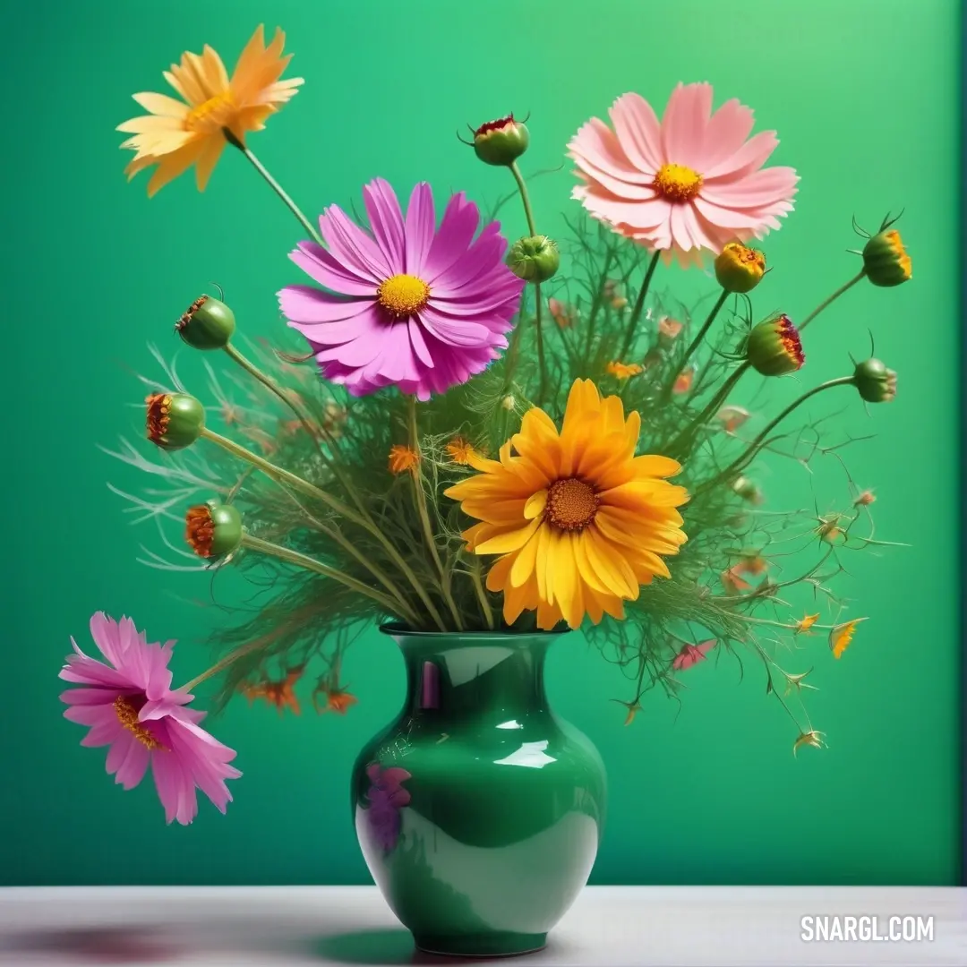 Green vase filled with lots of colorful flowers on a table next to a green wall and a green wall. Example of CMYK 79,0,67,0 color.