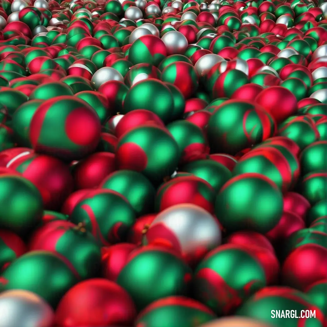 Large amount of christmas ornaments are arranged in a large pile. Color RGB 33,161,109.