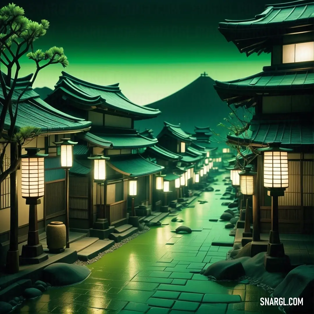 Street with lanterns and a mountain in the background. Example of RGB 33,161,109 color.