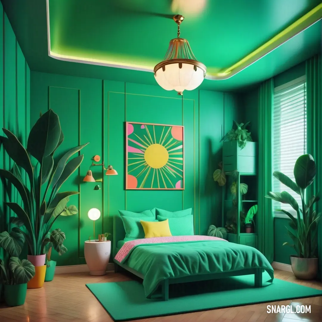 Bedroom with green walls and a green bed in the middle of the room with a green rug on the floor. Color #009349.