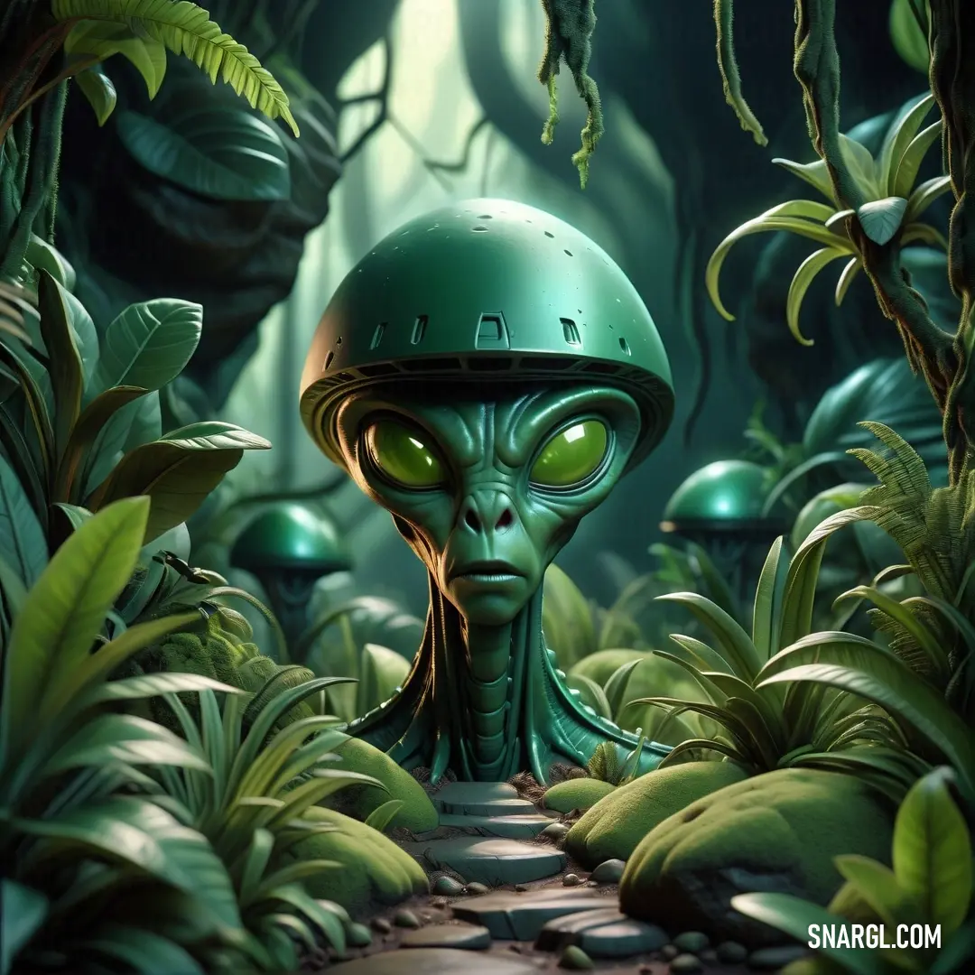 Green alien with a helmet on walking through a forest of plants and plants with green eyes and a path. Color CMYK 88,0,86,0.