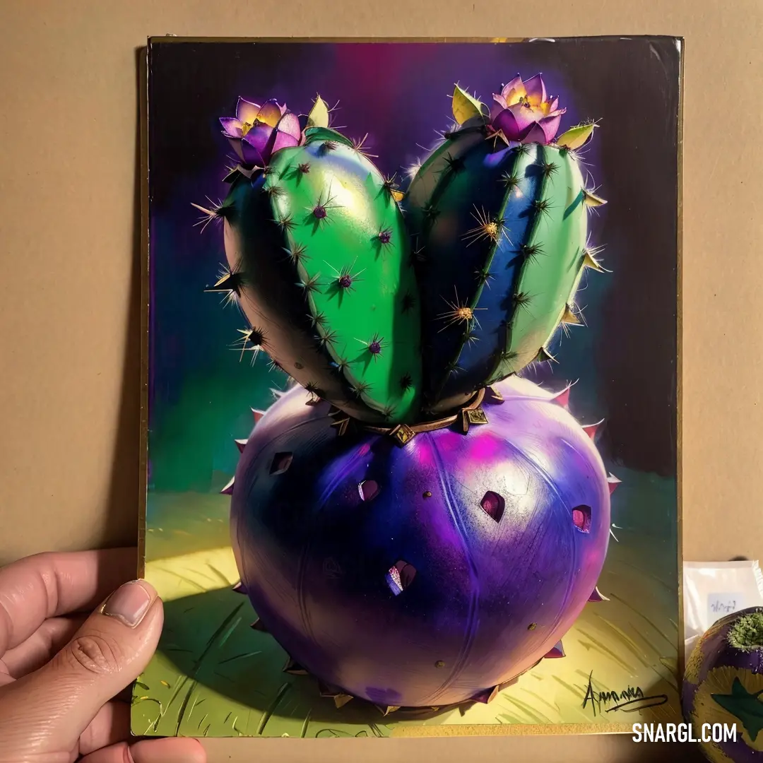 Painting of a cactus in a pot with a purple base and green top. Example of PANTONE 2252 color.