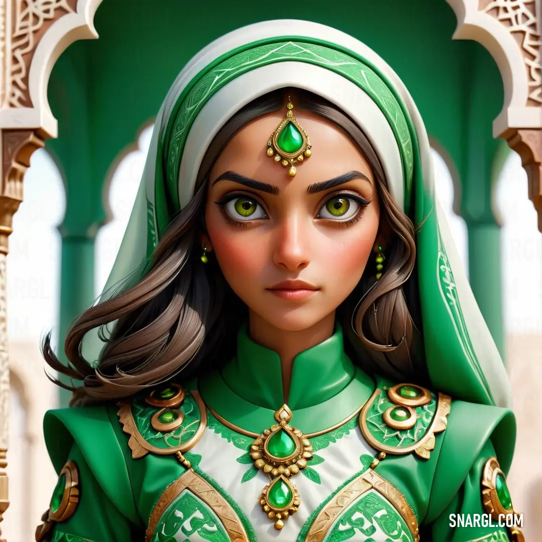 Woman in a green outfit with a green head piece and a green veil on her head and a green and gold necklace. Color PANTONE 2252.
