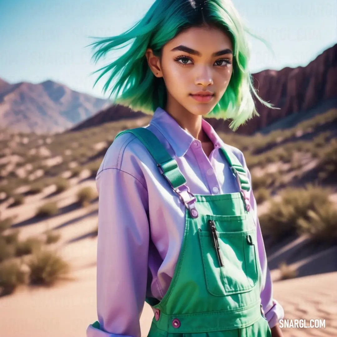 Woman with green hair and a green overalls in the desert with mountains in the background and a blue sky. Color PANTONE 2252.