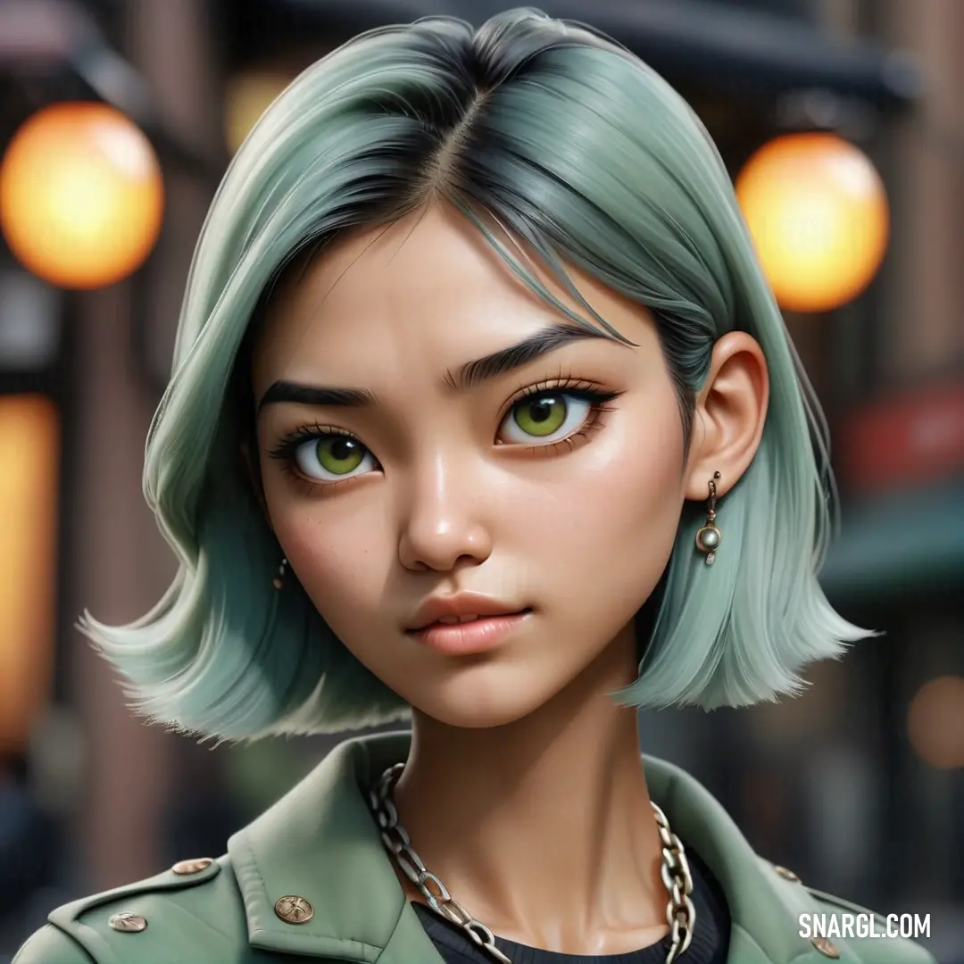 Digital painting of a woman with green hair and green eyes and a green jacket on a city street. Color #C9DDC3.