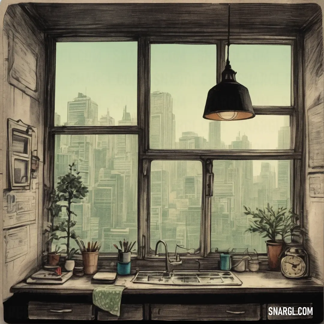 Kitchen with a window and a sink in front of a window with a city view in the background. Example of CMYK 21,0,22,0 color.