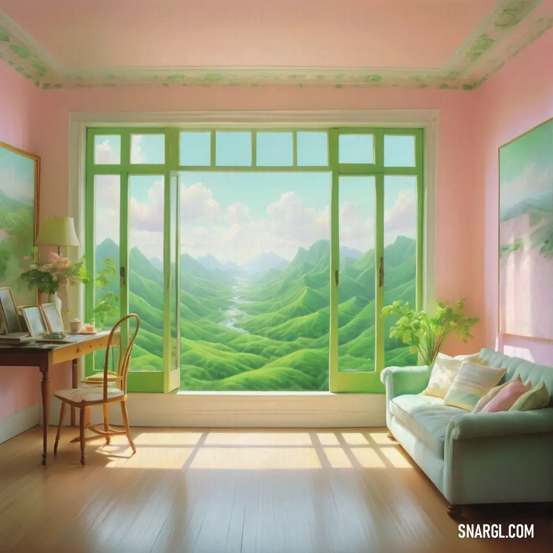 Painting of a living room with a view of a valley outside the window and a desk with a chair. Example of RGB 201,221,195 color.