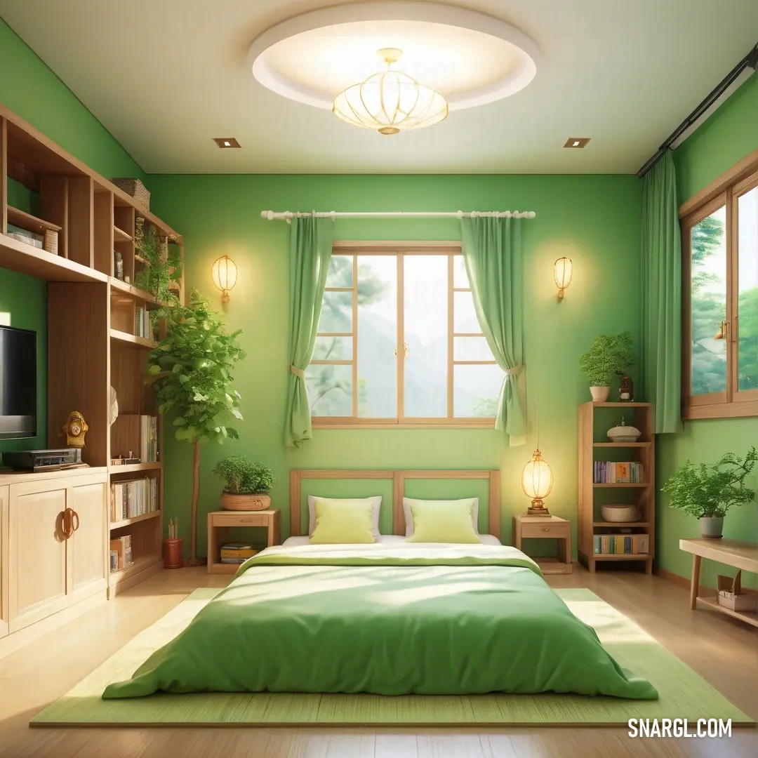 Bedroom with green walls and a green bed in the middle of the room. Color CMYK 29,0,35,0.