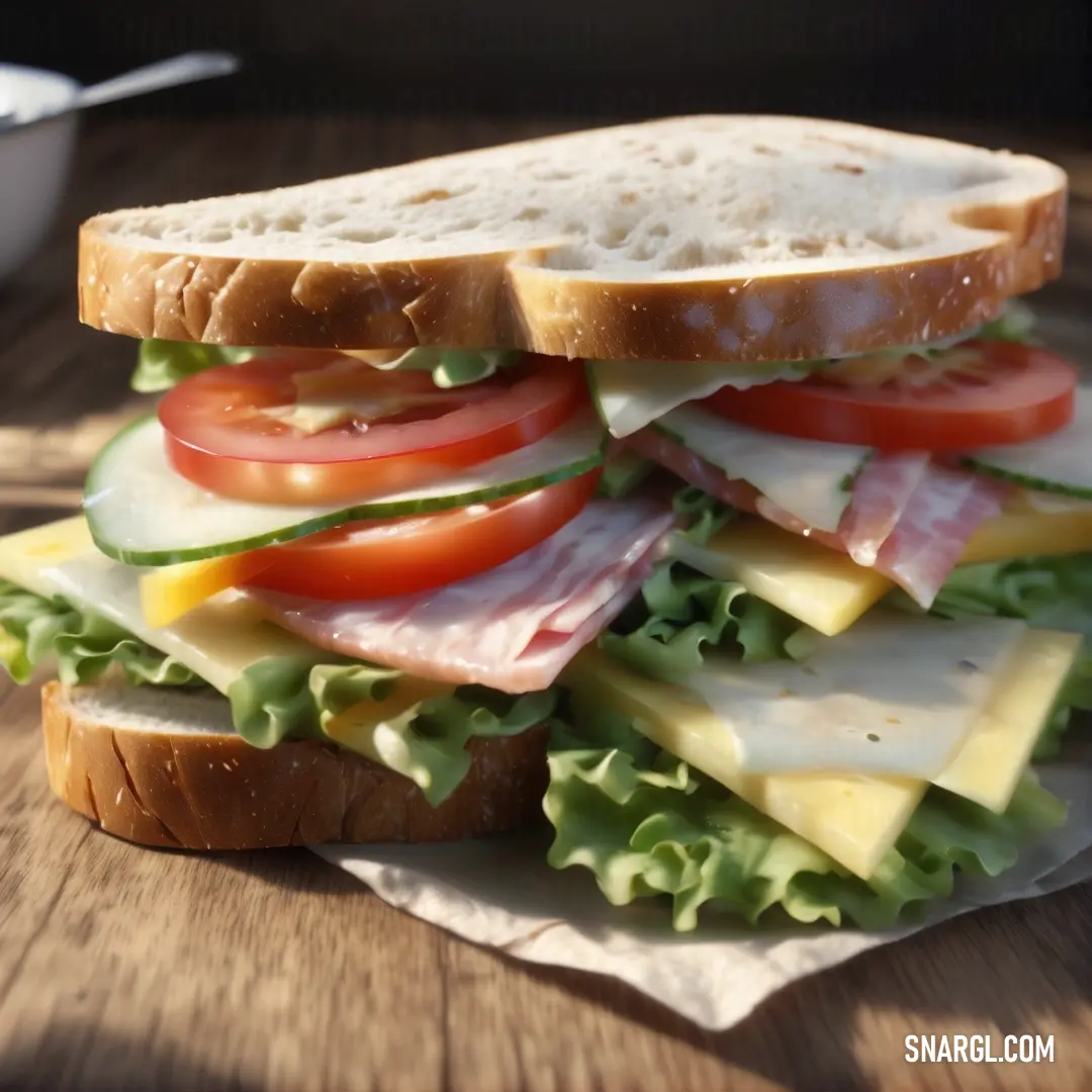 Sandwich with cheese, ham, tomatoes. Example of PANTONE 2254 color.