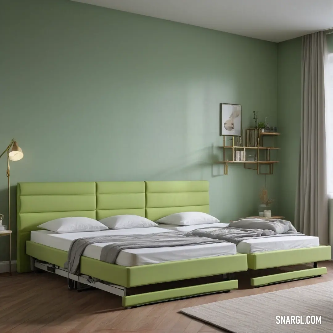 An inviting bedroom scene featuring a lush green headboard supporting a crisp white blanket, harmoniously placed in a cozy room adorned with warm wooden flooring, exuding comfort and tranquillity.