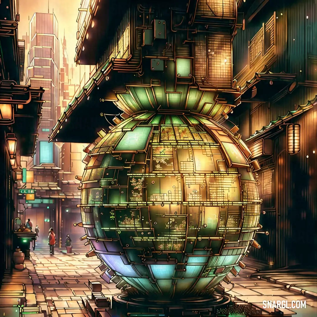 A futuristic cityscape unfolds, with a giant globe sitting prominently in the middle of a bustling street. A lone figure walks past, dwarfed by the towering structures and illuminated by a glow that hints at a world yet to come.