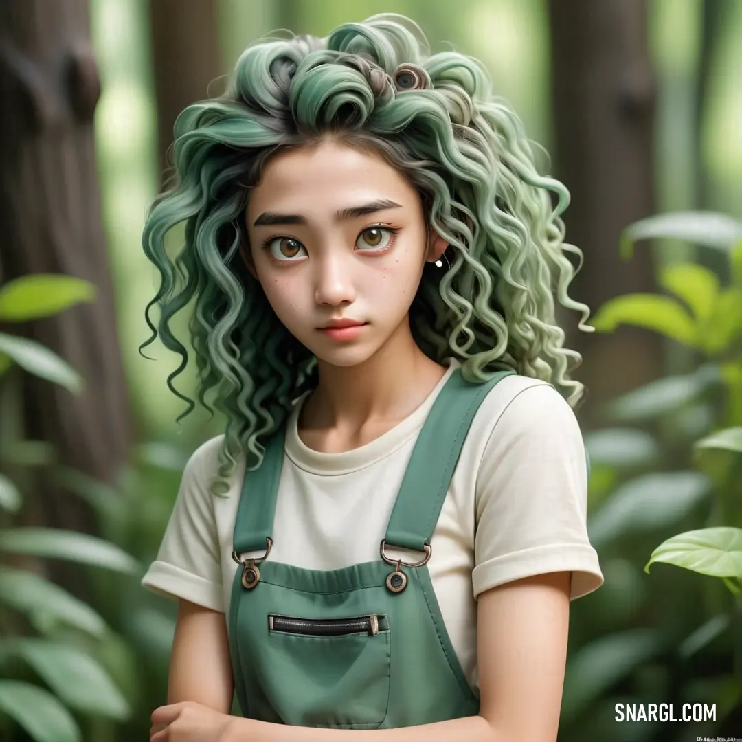 Digital painting of a woman with green hair and a white shirt in a forest with green plants and trees. Color PANTONE 2255.