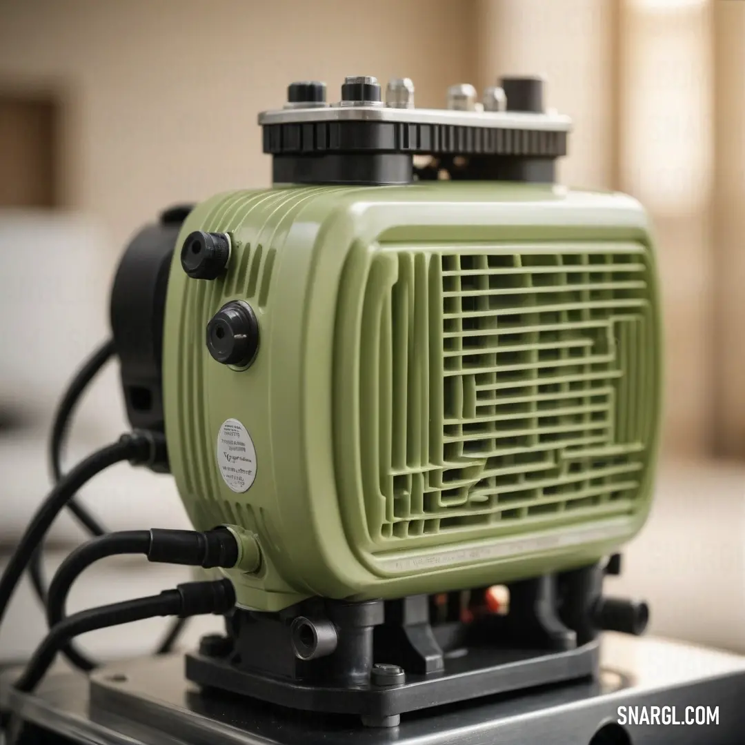 A striking green air conditioner dominates this scene, perching atop a metal table beside a softly draped window. Sunlight filters through the curtains, creating a refreshing ambiance that showcases modern design in a lived-in space.