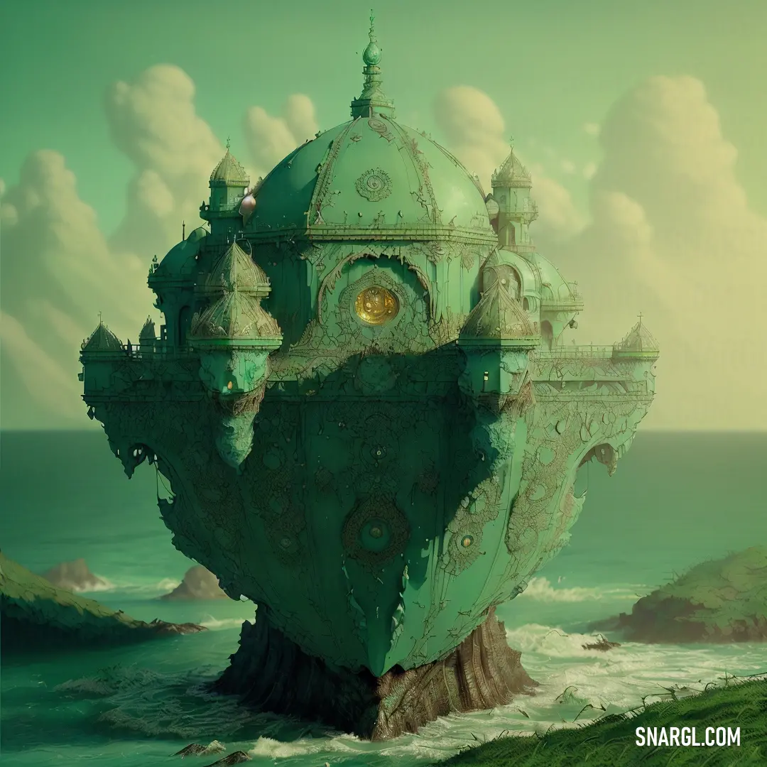 PANTONE 2255 color. Green building with a yellow eye in the middle of the ocean with a cliff in the background