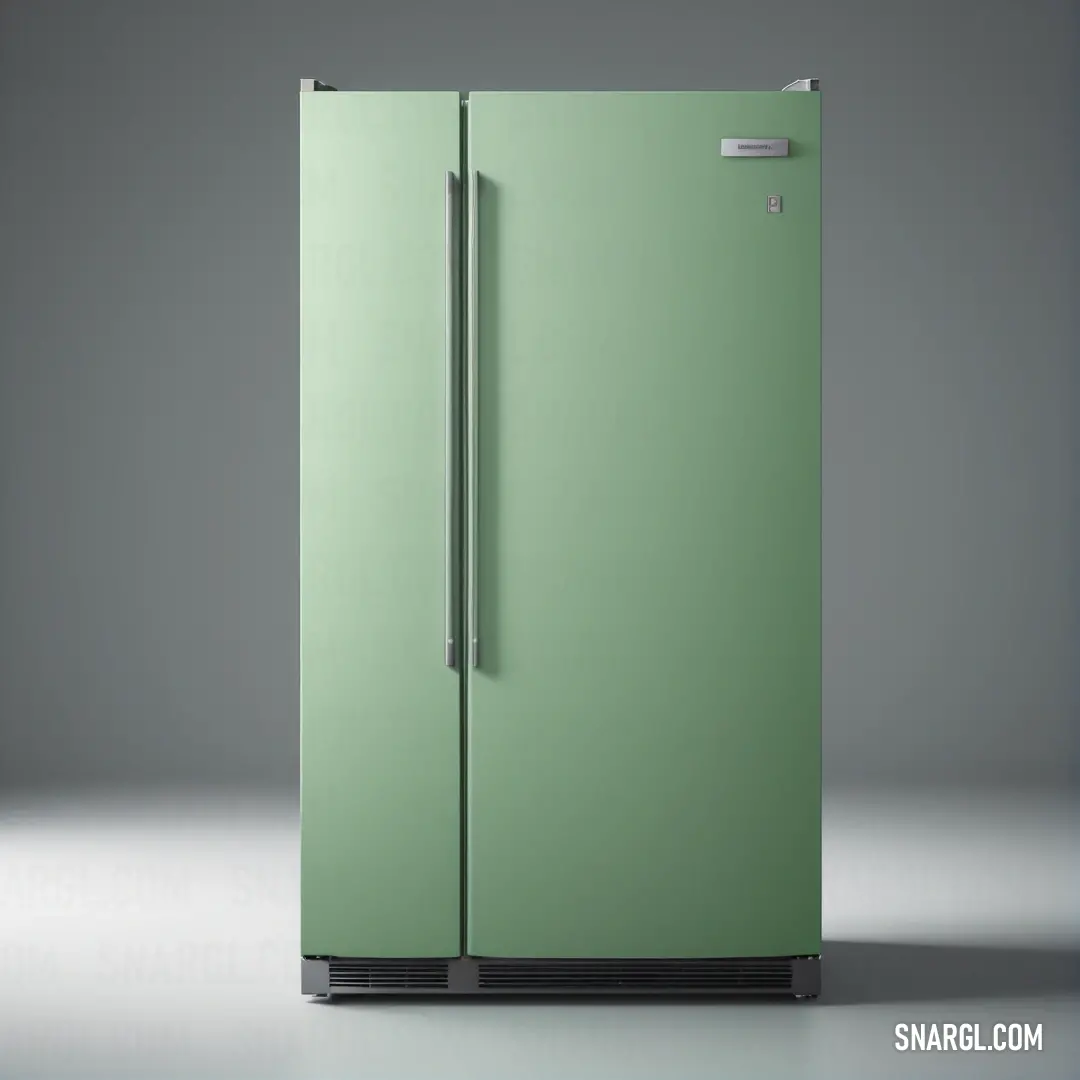 A sleek green refrigerator freezer sits on a white tile floor next to an open door, offering a fresh and clean look. The bright green color creates an eye-catching contrast against the surrounding neutral tones, making it a statement piece in the room.