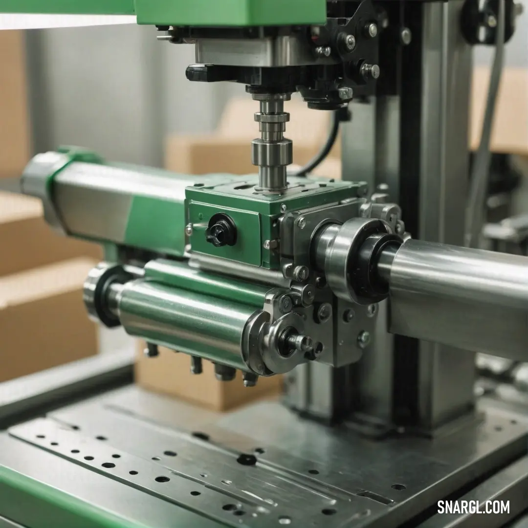 A powerful machine diligently working on metal parts in a bustling factory workshop, surrounded by stacks of boxes that suggest a busy production environment. The scene is rich with the feeling of industrious energy.