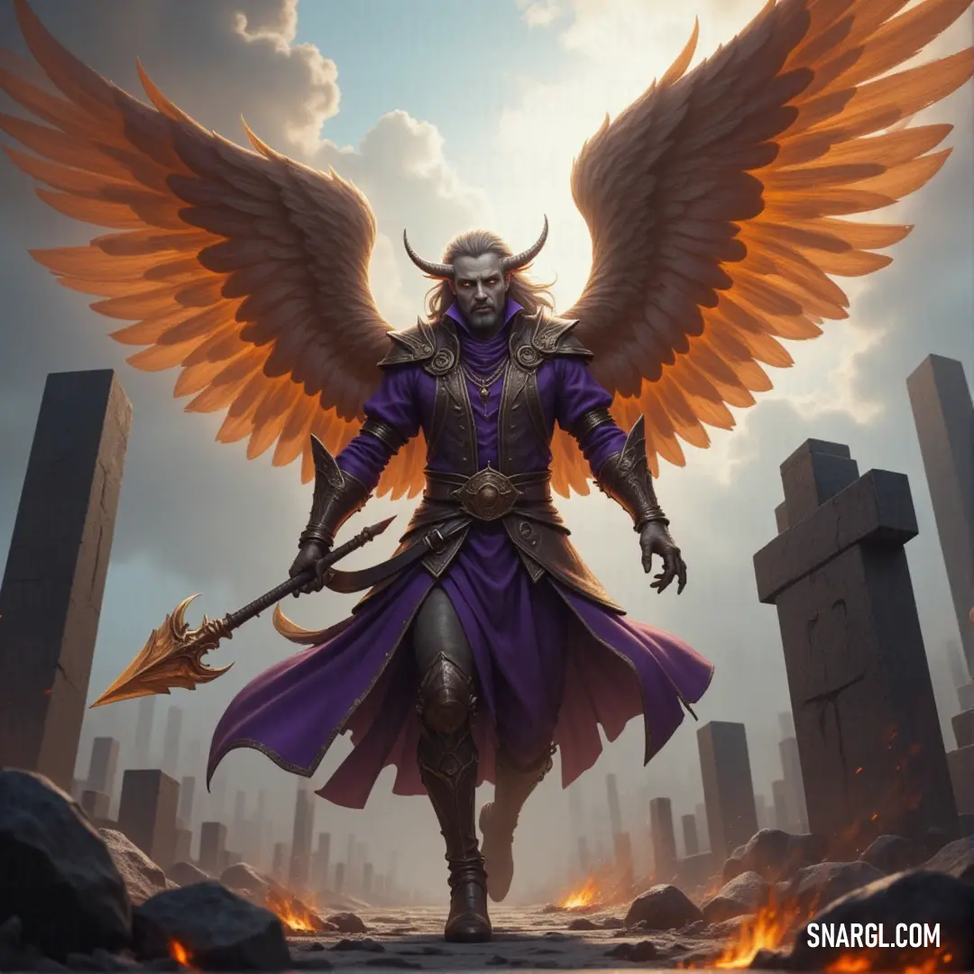 In an enchanting fantasy scene, a majestic figure with a horned head and magnificent wings wields a gleaming sword, exuding power and mystery within a captivating mythical realm filled with intrigue.