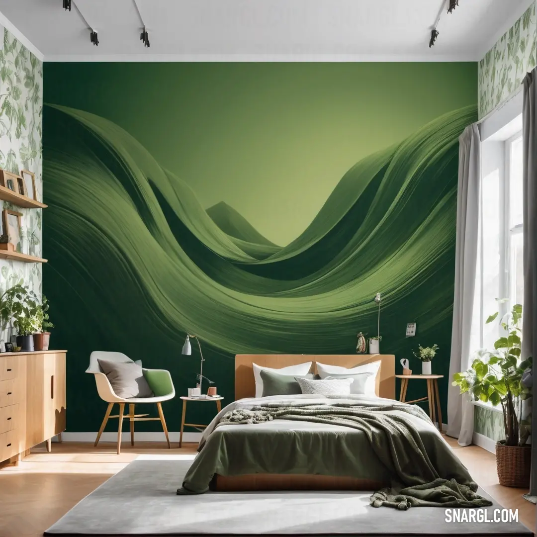 An inviting bedroom showcases a lush green wall that beautifully complements a neatly made bed adorned with a soft green blanket. Natural light filters through, adding serenity to the space.