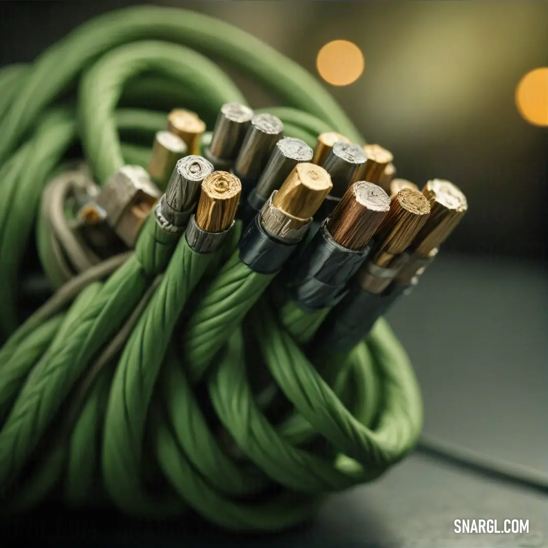 An intricate arrangement of connected wires sprawled across a wooden table, illuminated by soft, ambient lights in the background. This scene captures the essence of innovation and creativity in an organized chaos.