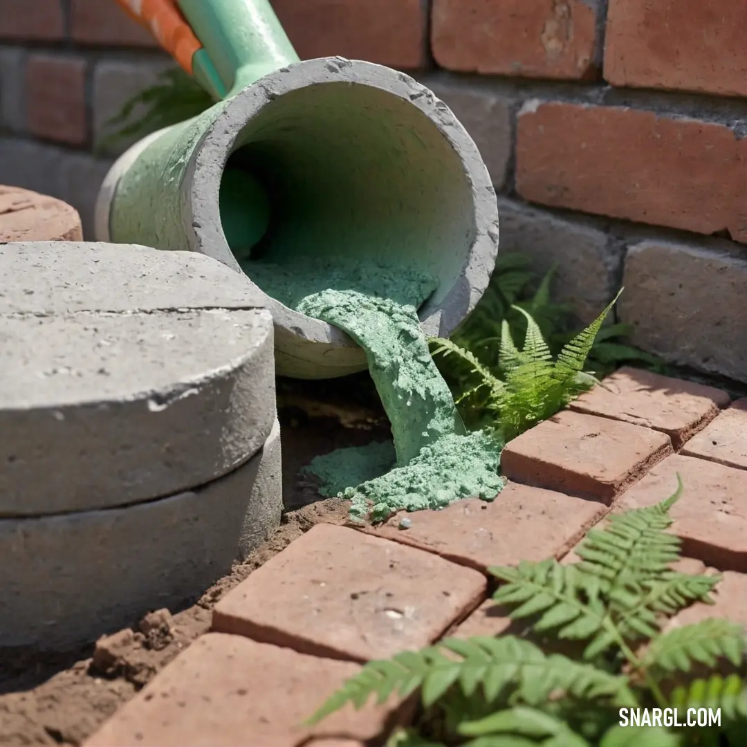 A cement pipe rests on a brick sidewalk, surrounded by a planter and a brick wall. Ferns grow vibrantly in the planter, contrasting with the earthy tones of the pipe and bricks, creating a peaceful, nature-inspired urban scene.