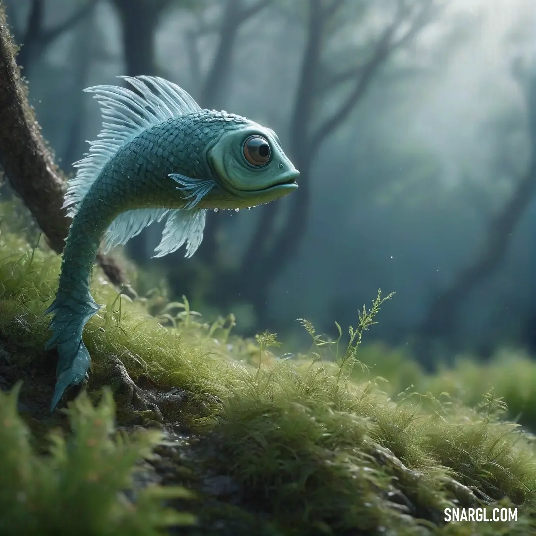 A whimsical fish stands delicately upon the mossy ground in a tranquil woodland, surrounded by lush trees, embodying a playful spirit amidst the serenity of nature.