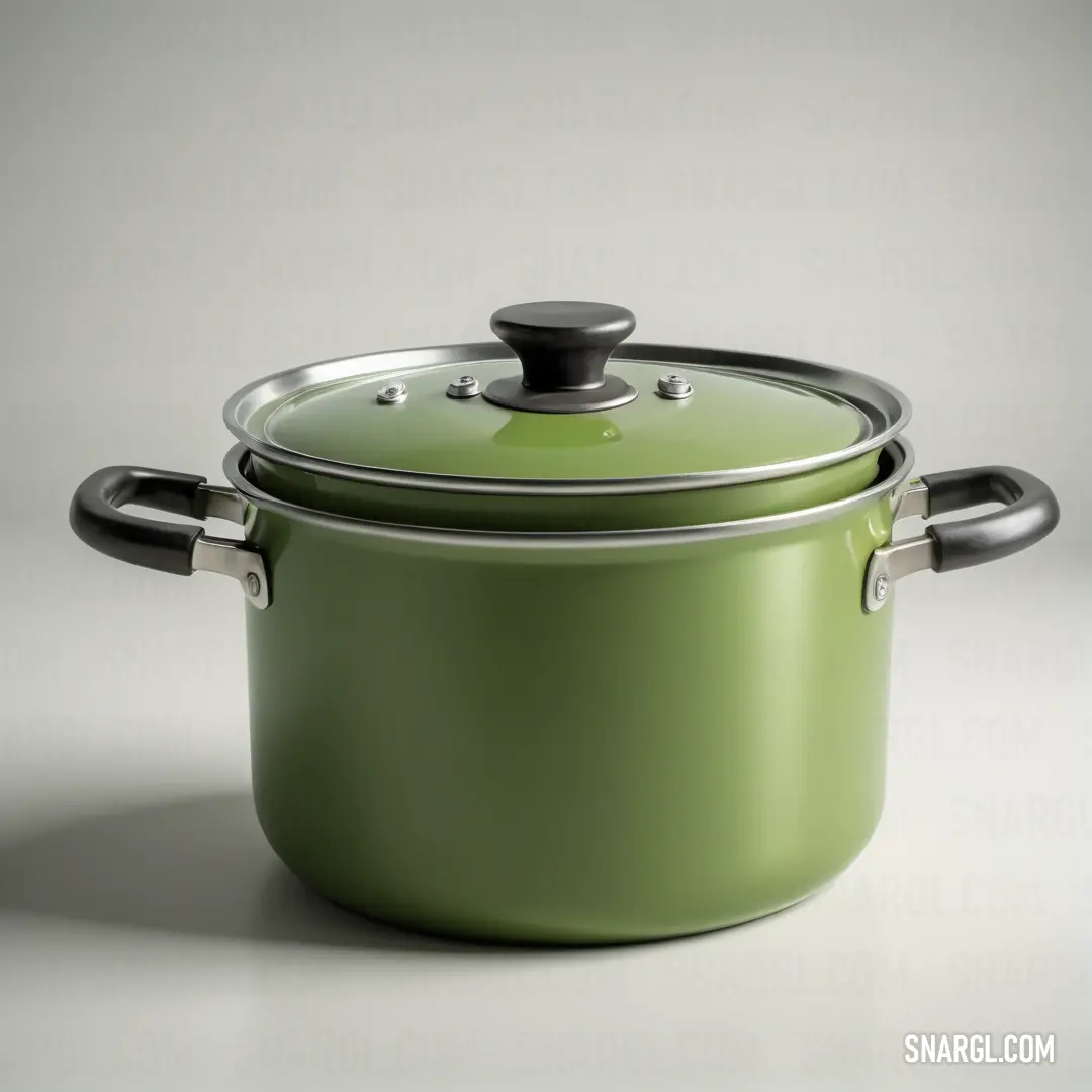 A sleek green pot with a stylish black handle, elegantly resting on a pristine white surface. Its modern design and vibrant color make it a stunning focal point for any culinary setting.