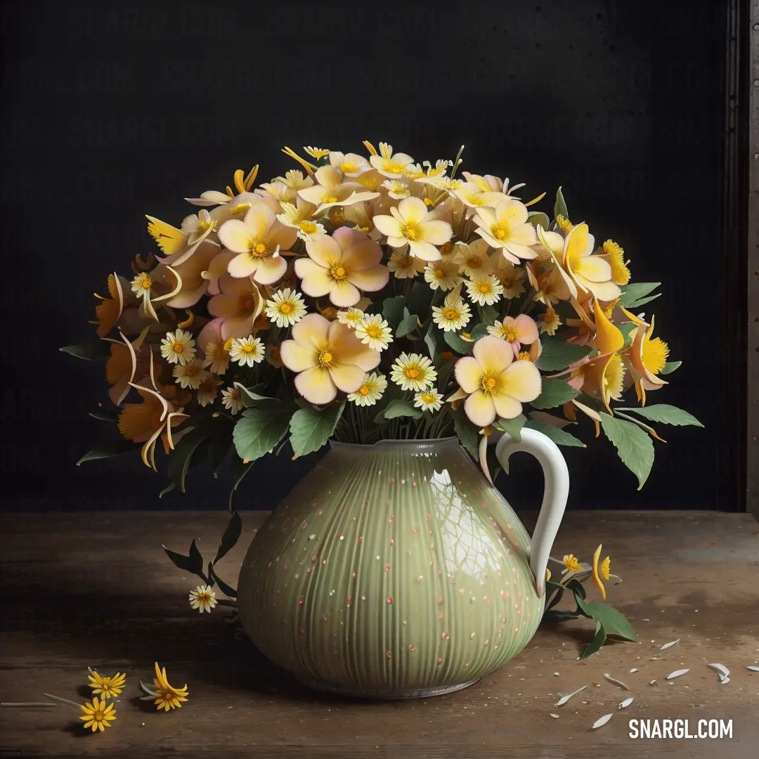 A vibrant green vase filled with bright yellow flowers rests delicately on a table. The scene is bathed in natural light streaming through a window, with the soft background walls adding a serene touch to the composition.