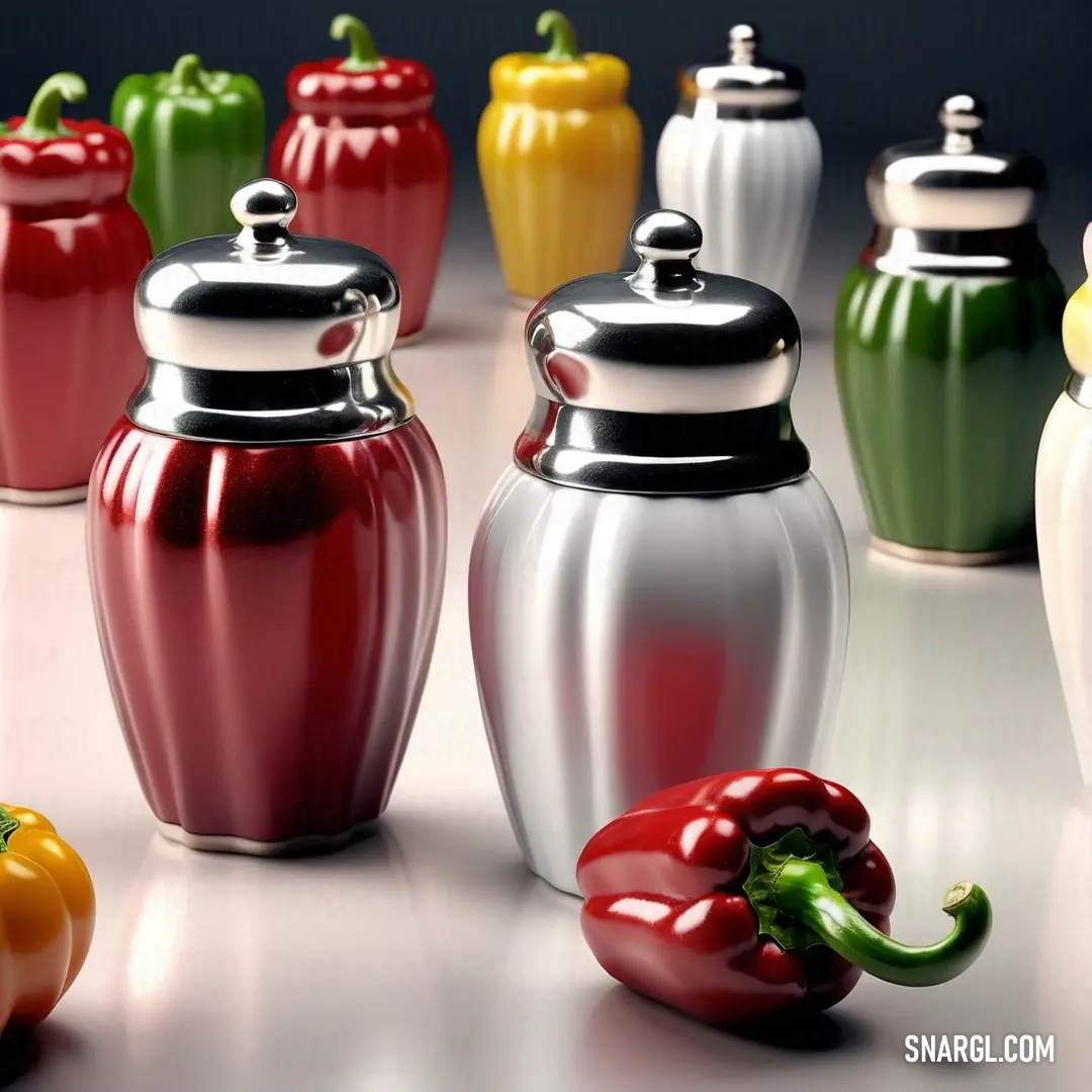 A vibrant display of ceramic jars adorned with colorful peppers, showcasing a beautiful blend of earthy tones and vivid colors. The jars stand as a testament to handmade artistry, complementing the rich, green backdrop.