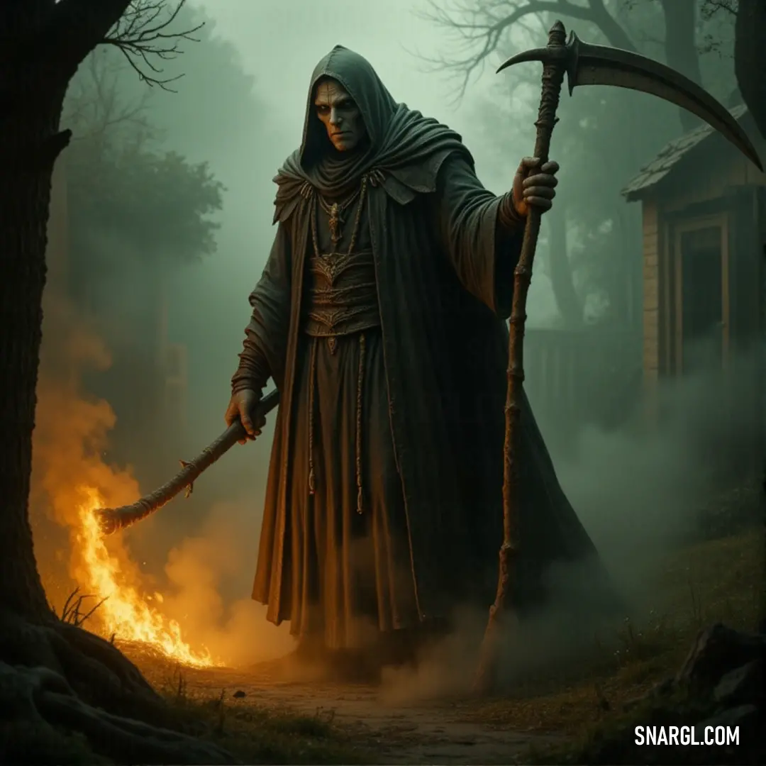 In a mysterious foggy forest, a cloaked figure stands before ancient trees, holding a flickering fire stick and a ceremonial sceptacle, surrounded by an enchanting ambiance that sparks curiosity and wonder.