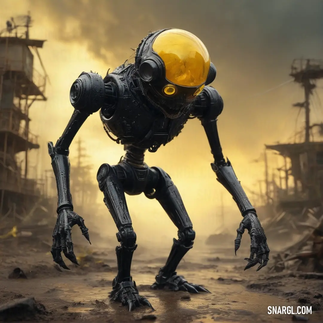 A lively robot strides through a rugged terrain, showcasing its bright yellow helmet as it navigates the debris of its surroundings, exuding a playful energy even in the midst of chaos.