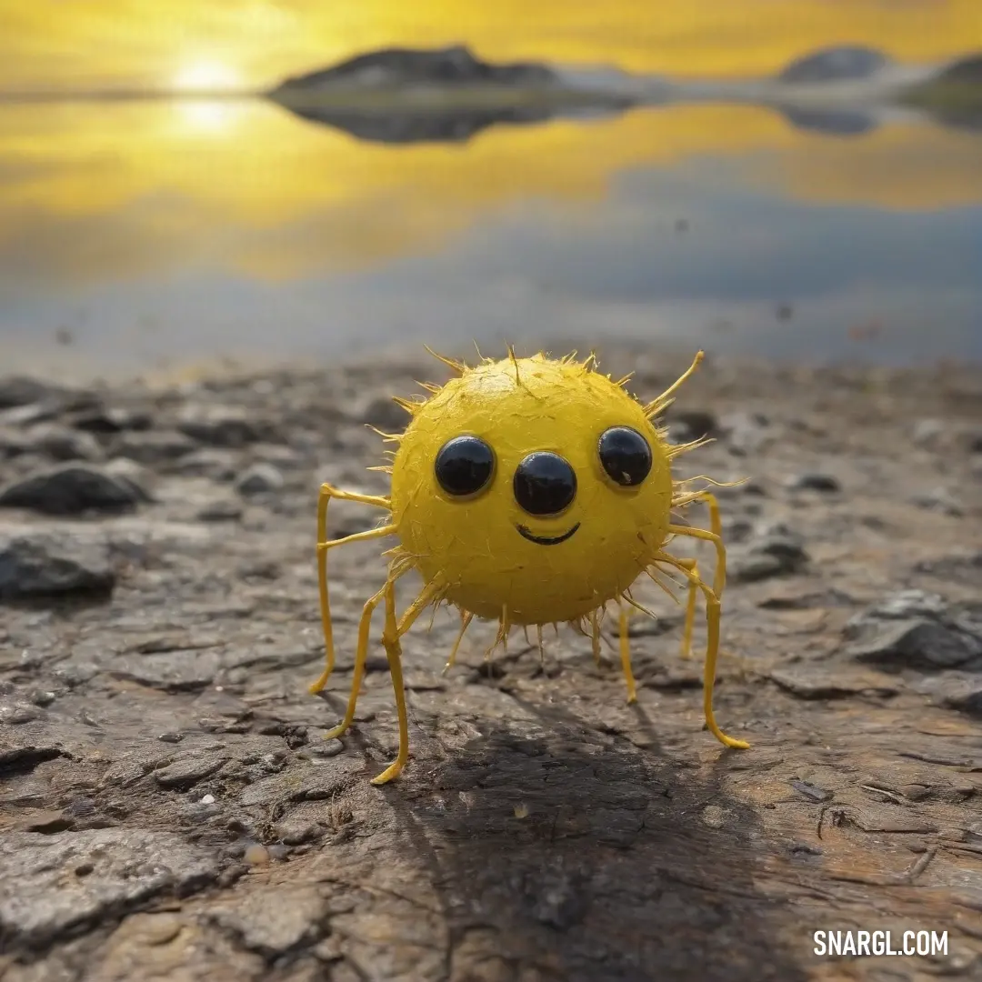 A whimsical yellow spider with oversized eyes carefully navigates a rocky area beside a shimmering body of water, all under a dreamy yellow sky, creating a playful scene full of curiosity and wonder.