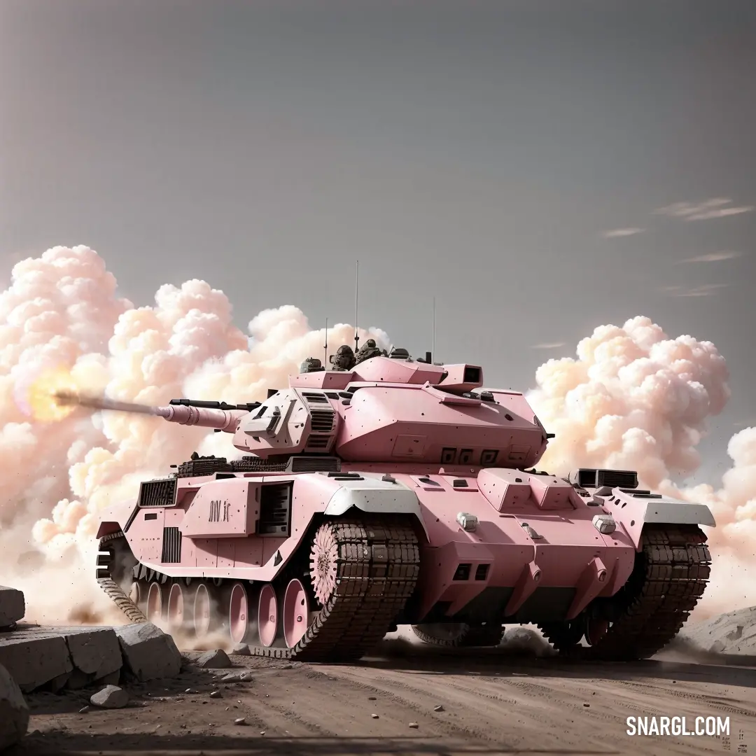 A bold, pink tank sits in the middle of a desolate desert, billowing smoke from its turret. The dramatic contrast of the vibrant pink against the vast, barren landscape creates a surreal, almost dystopian atmosphere.