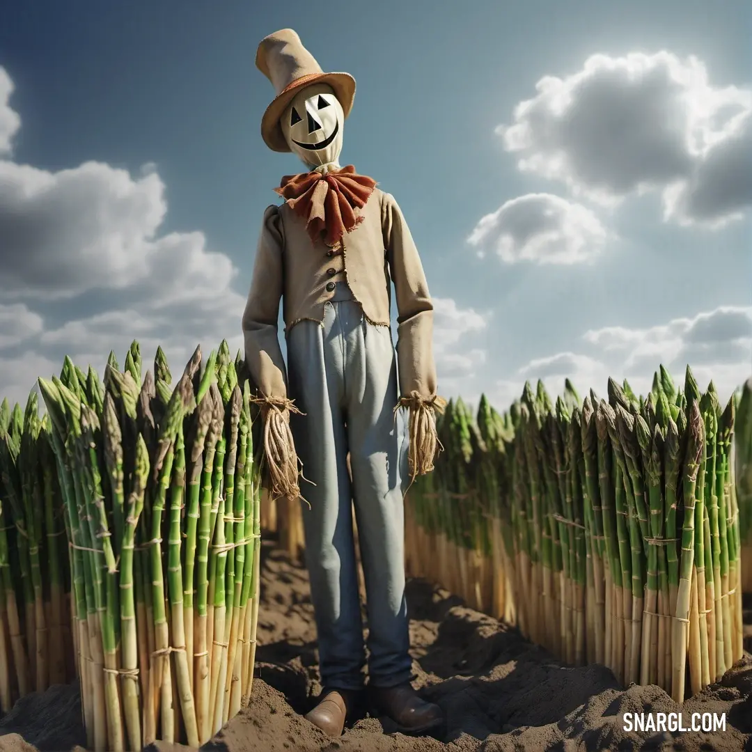 A striking scarecrow standing tall amidst a field of golden corn stalks, wearing a mask that evokes curiosity and heightens the sense of rural charm and seasonal beauty in this picturesque setting.