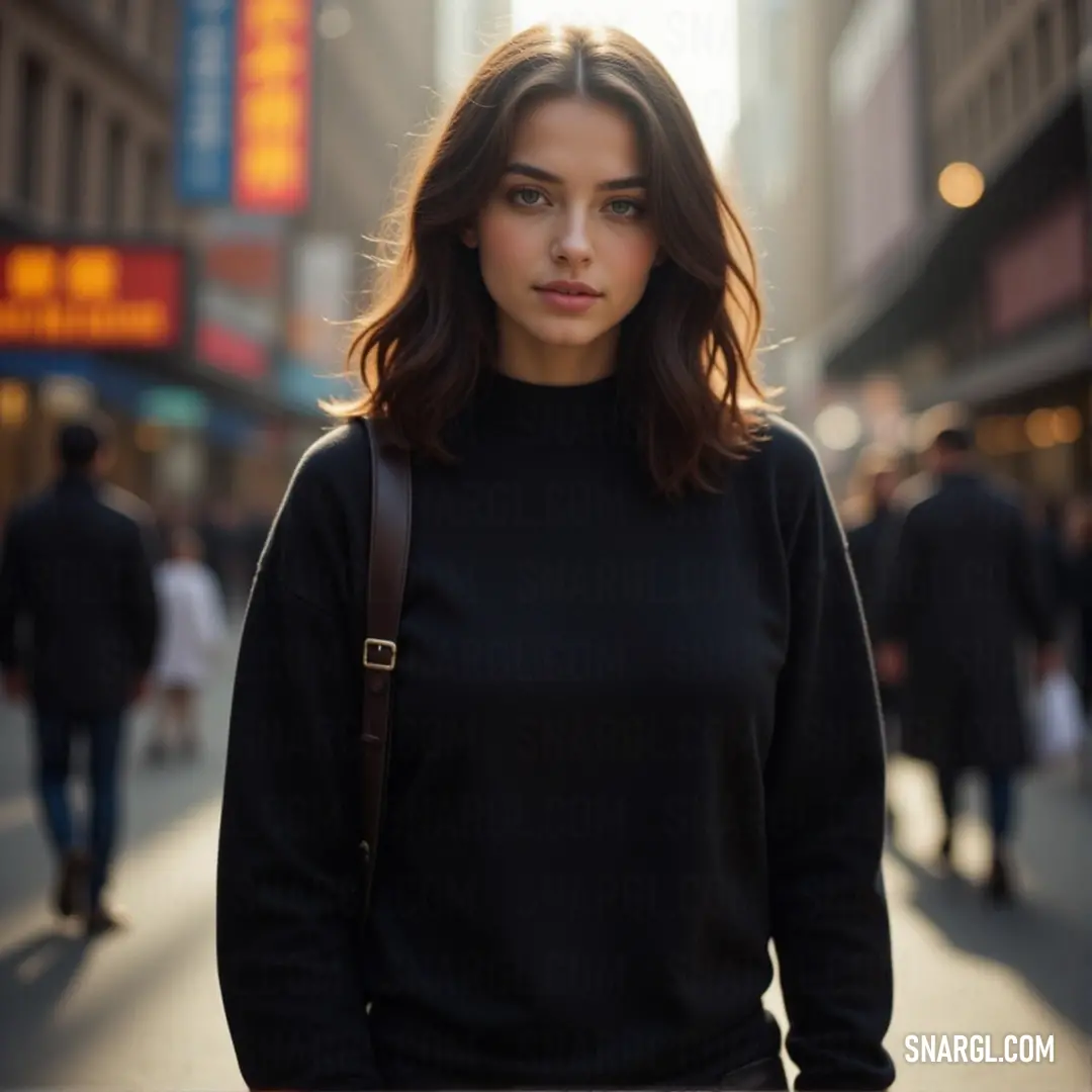 A woman dressed in a stylish black sweater poses confidently on a bustling street corner, her chic handbag adding a touch of urban elegance, embodying the vibrant spirit of modern city life.