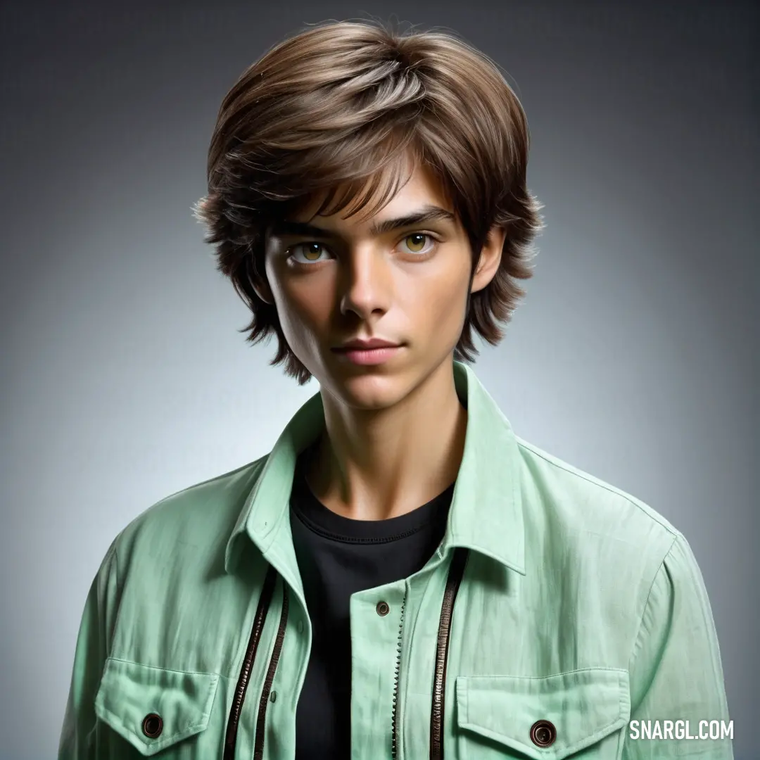 Young man with a green jacket and black shirt on a gray background. Example of PANTONE 2255 color.
