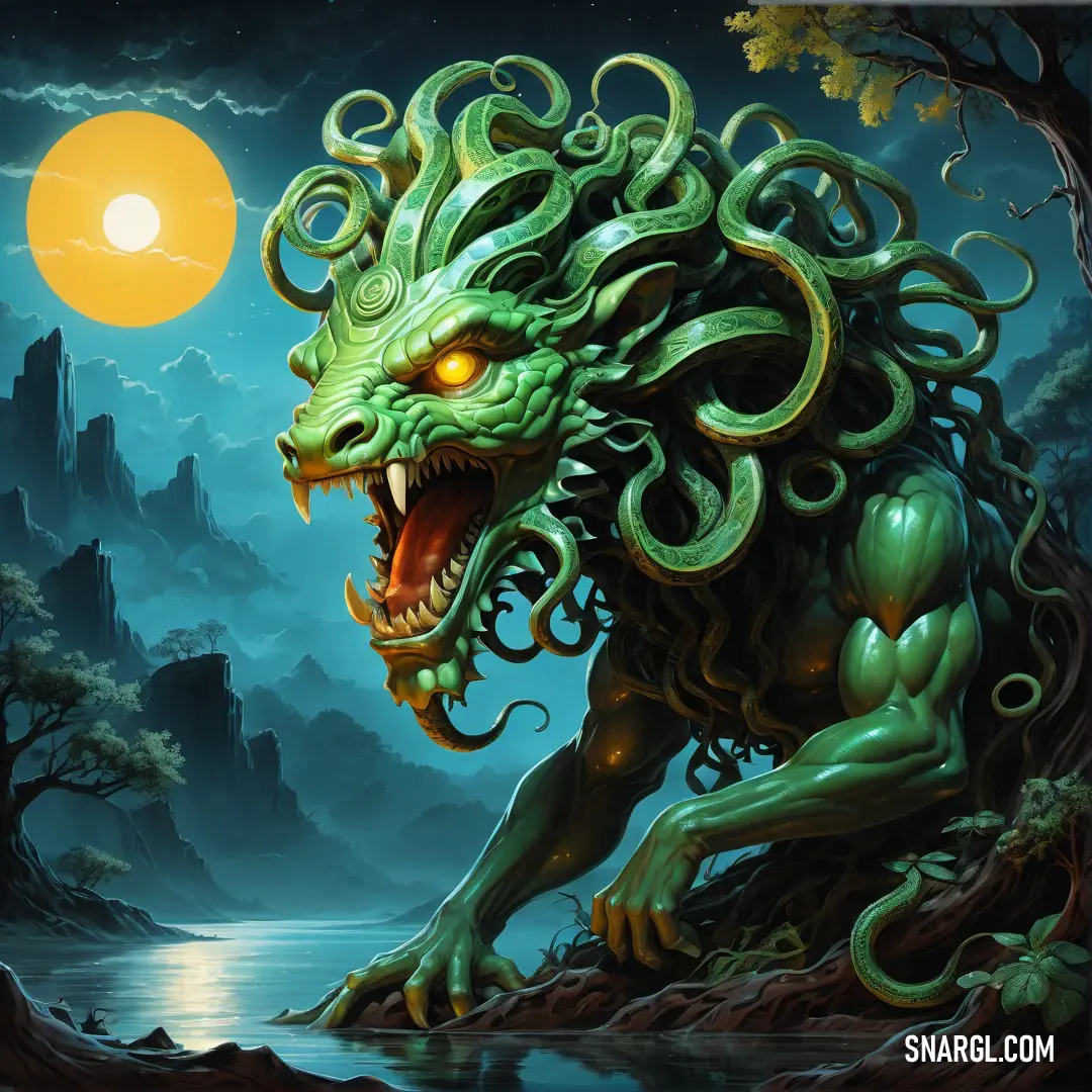 Green dragon with a large mouth and a body of water in front of a mountain landscape with a full moon. Color RGB 114,179,112.