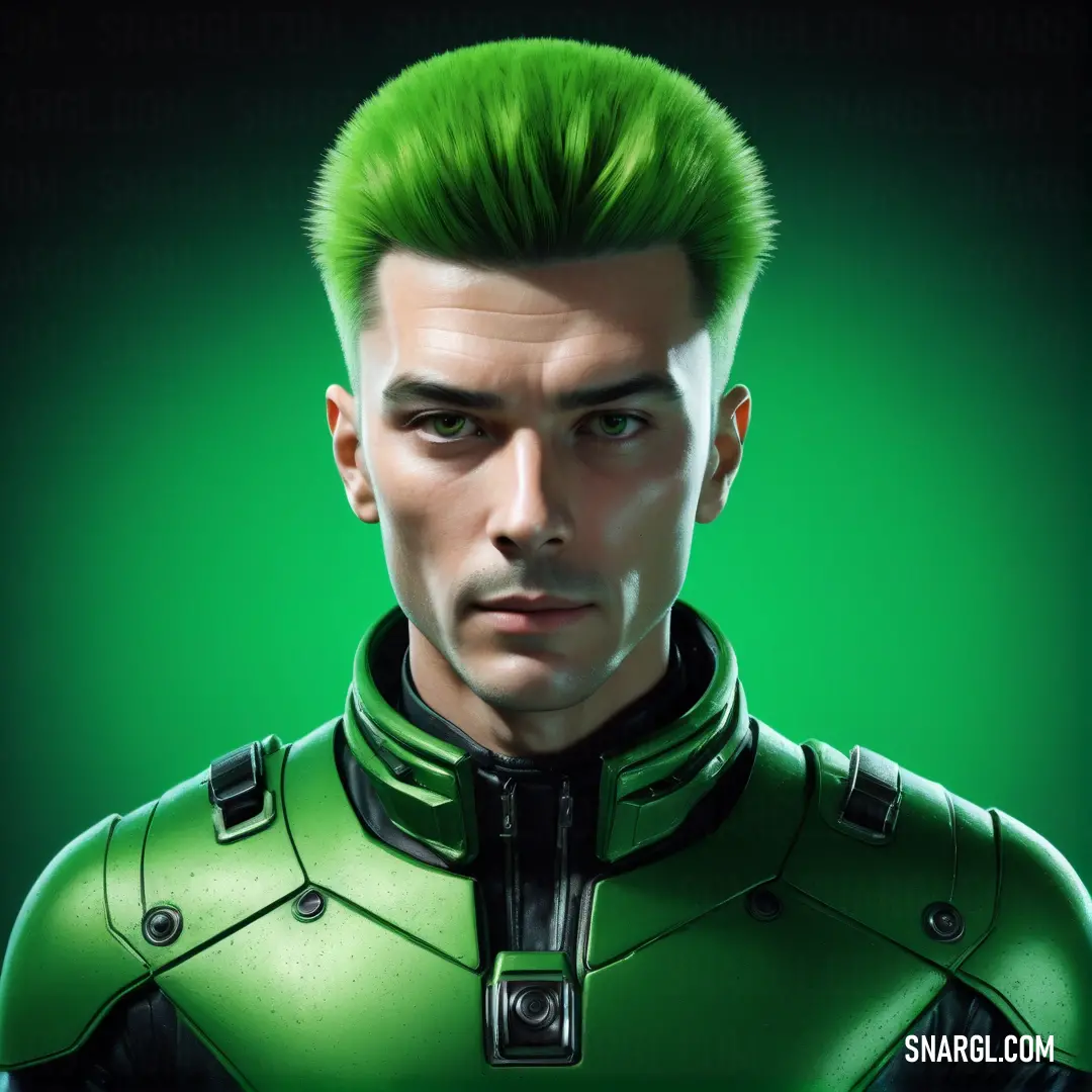 Man with green hair and a green suit on his face, in a green background. Example of PANTONE 2257 color.