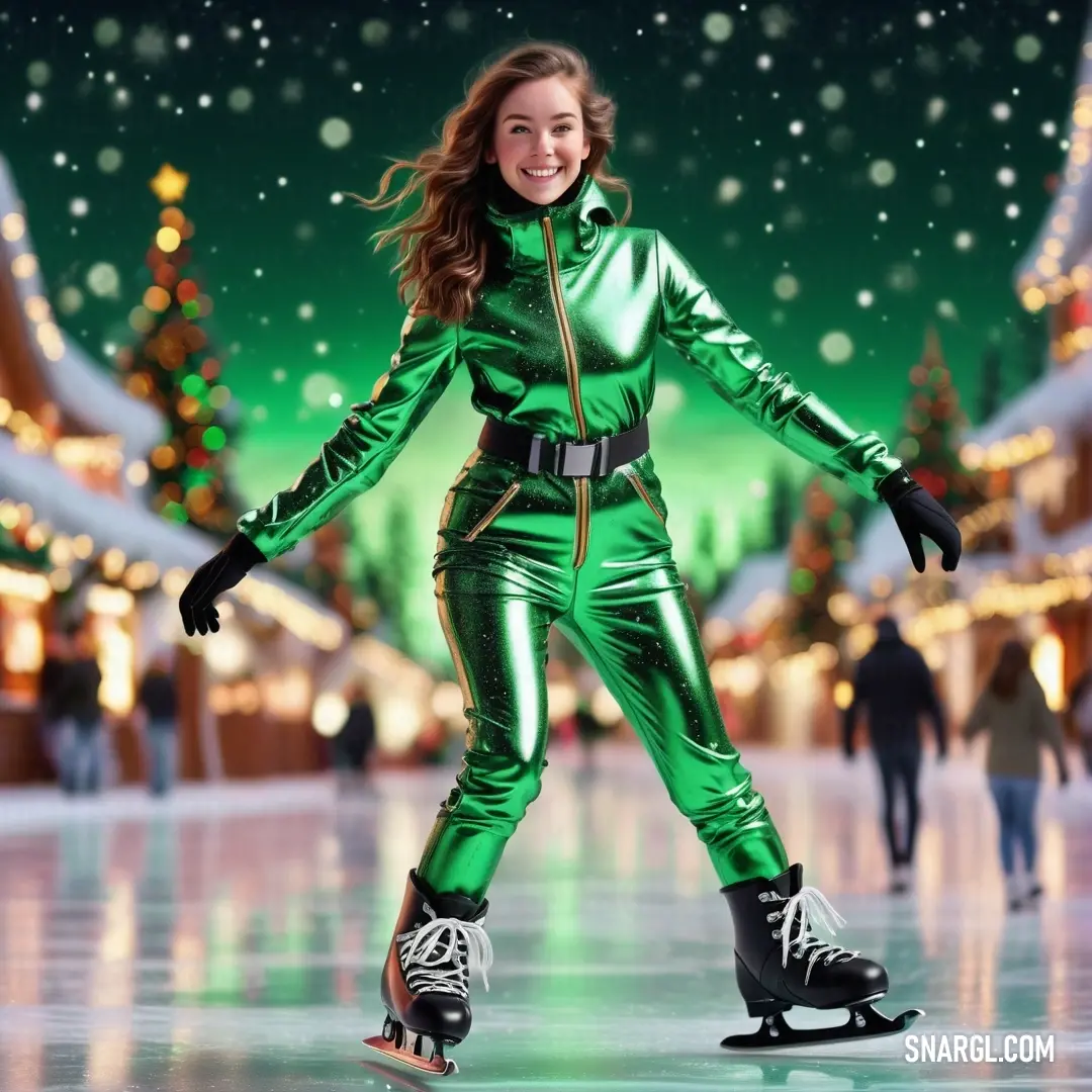 PANTONE 2257 color example: Woman in a green suit is skating on a rink at night with lights on the trees and snow falling