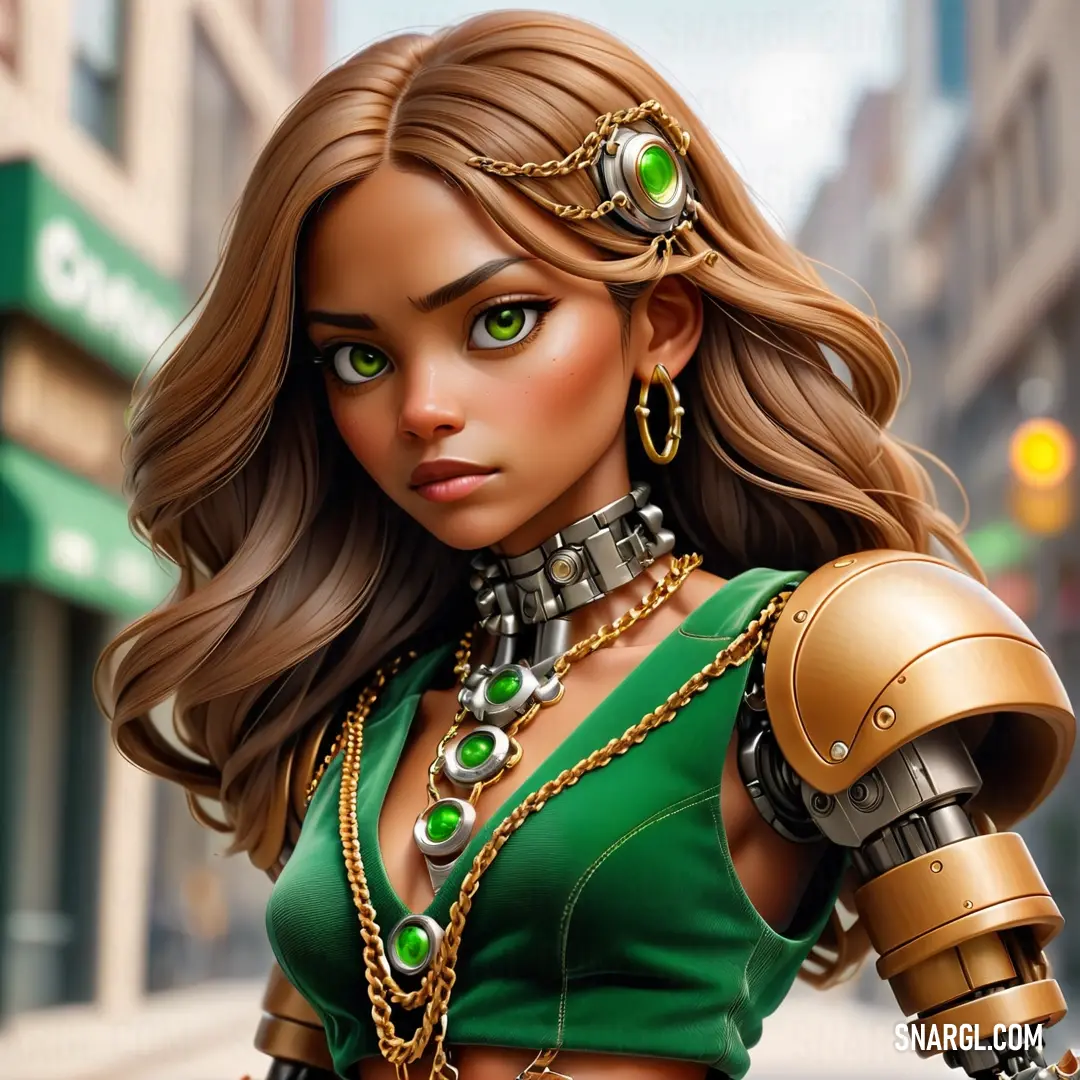 Woman in a green top and gold chains and a green top with a green eye and a green eye. Example of RGB 0,151,57 color.