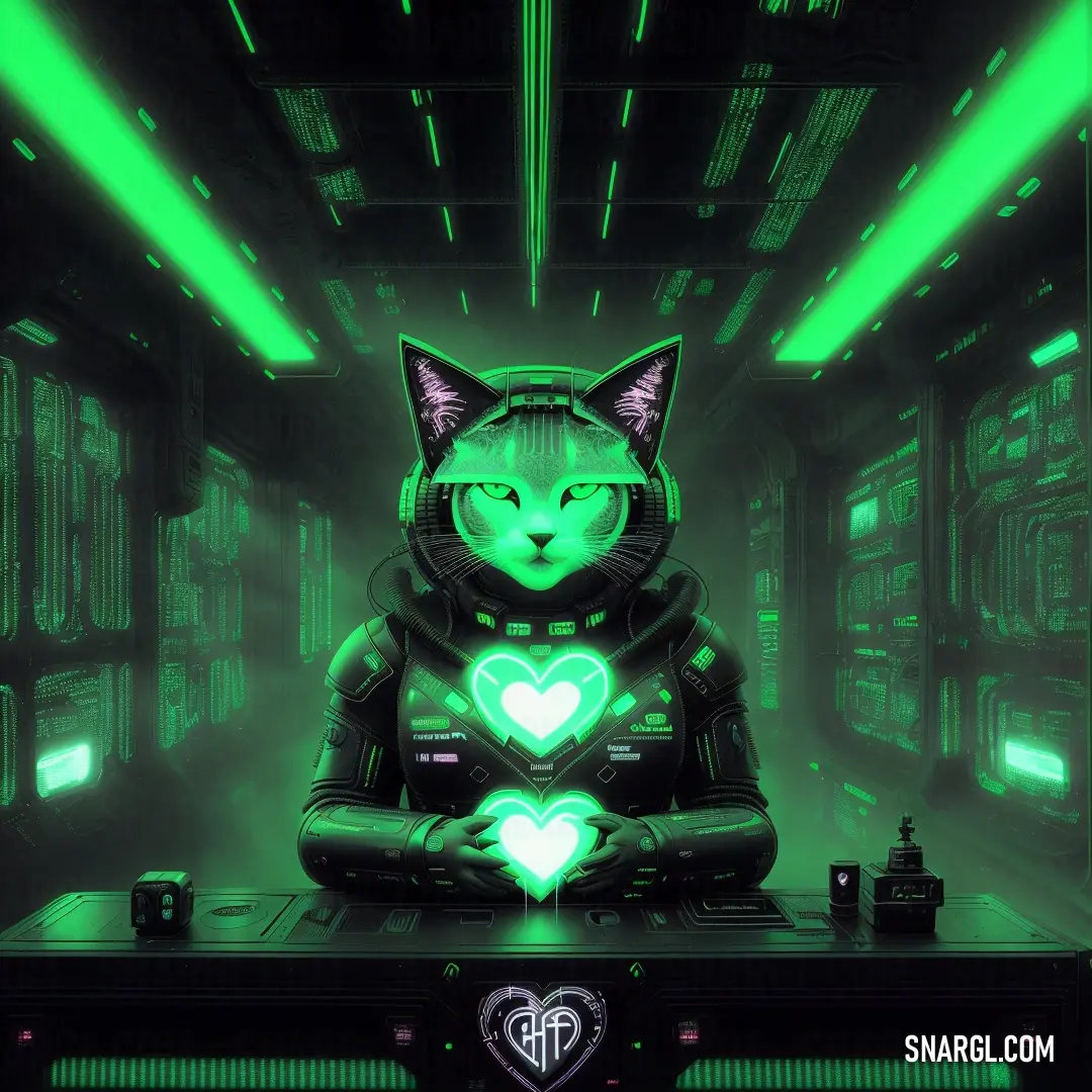 Cat on a desk with a heart in its paws in a green room with neon lights and a heart in the middle. Color RGB 0,139,47.