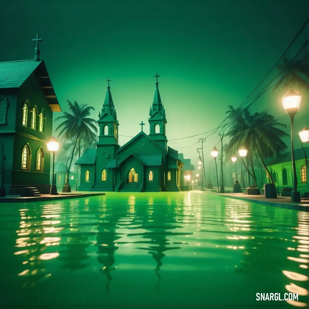 Church with a pool in front of it at night with lights on and palm trees in the background. Color RGB 0,139,47.