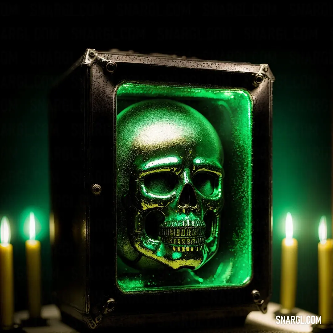 Green skull in a black box with candles in the background. Color #008B2F.