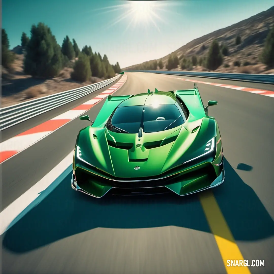 Green sports car driving down a race track with a sun in the background. Example of RGB 0,139,47 color.
